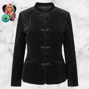 Coldwater Creek Petite XL Black Velvet Jacket Blazer Quilted Toggle Button Froby